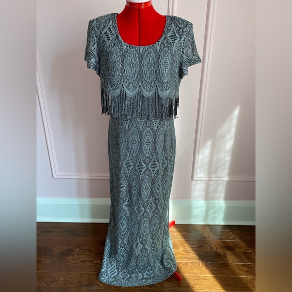 Vintage CARTISE Dress, Silver Crochet Knit, Maxi, Fringe, Black Lining, (US M) - Picture 11 of 16